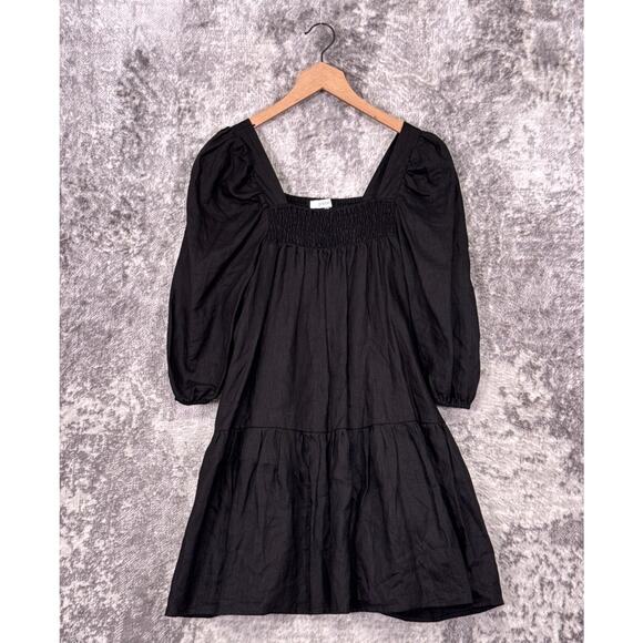 DISSH Dress 6 Womens Black Linen Smocked Square Neck Mini - Picture 1 of 8